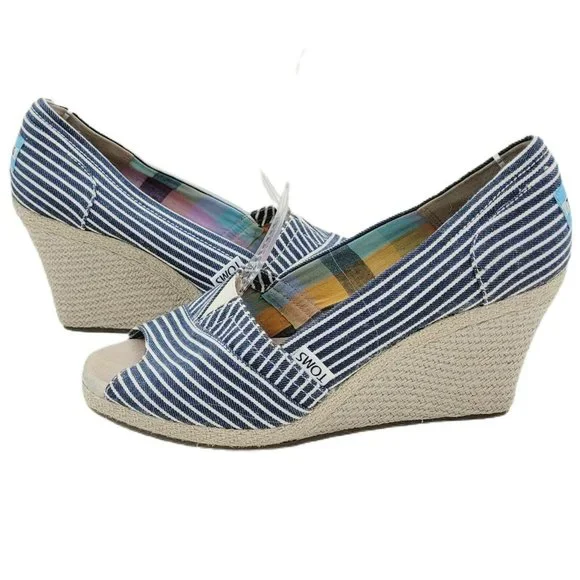 Toms Blue Striped Peep Toe Espadrille Wedge Sandal Size 7.5 - Picture 2 of 8